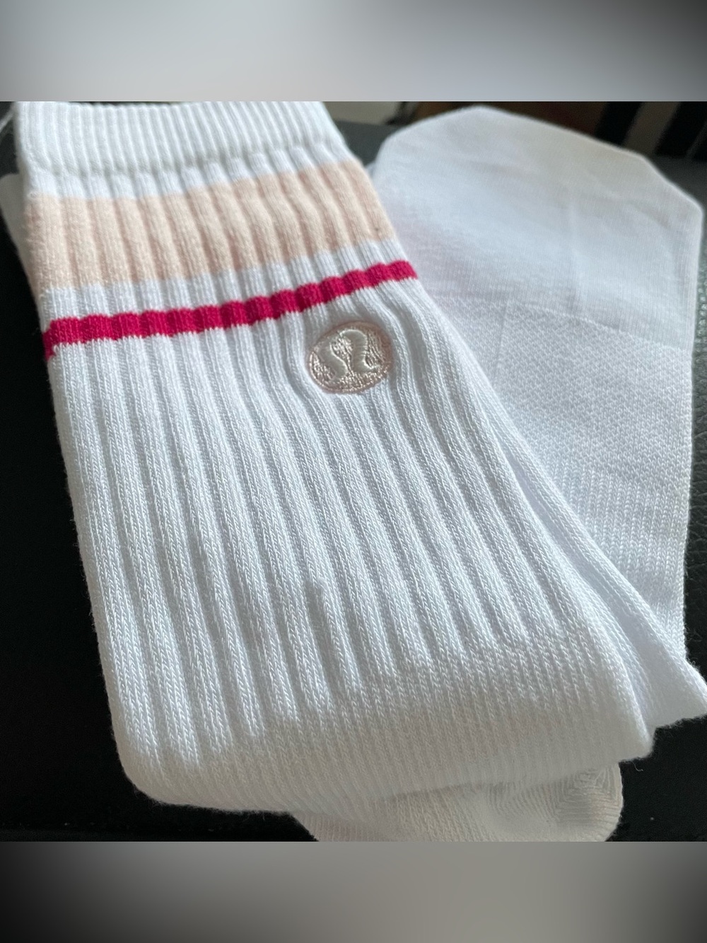 Lululemon White Men's Athletic Socks with Pink and Cream Stripes